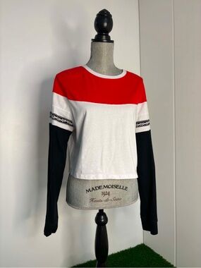Colorblock Long-Sleeve Crewneck Top - Red, White & Black